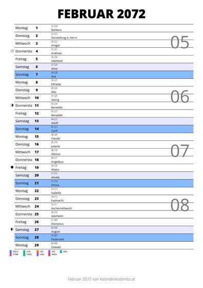 Kalender Februar 2072 im Hochformat mit Notizbereich