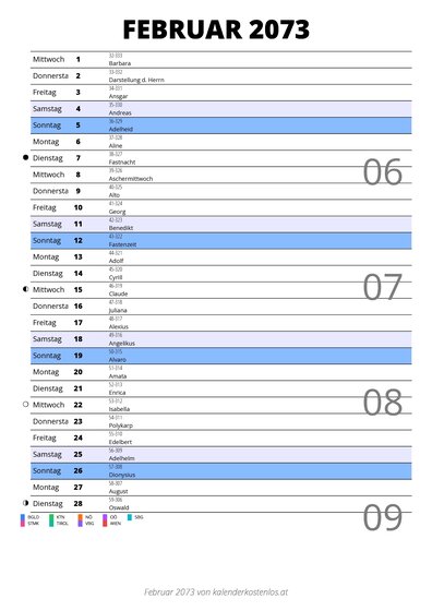 Kalender Februar 2073 im Hochformat mit Notizbereich