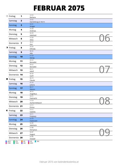 Kalender Februar 2075 im Hochformat mit Notizbereich