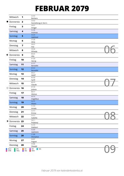 Kalender Februar 2079 im Hochformat mit Notizbereich