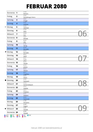 Kalender Februar 2080 im Hochformat mit Notizbereich