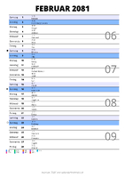 Kalender Februar 2081 im Hochformat mit Notizbereich