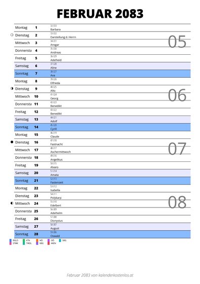 Kalender Februar 2083 im Hochformat mit Notizbereich