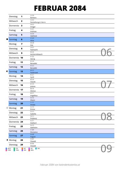 Kalender Februar 2084 im Hochformat mit Notizbereich