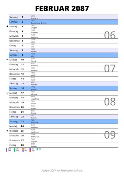 Kalender Februar 2087 im Hochformat mit Notizbereich