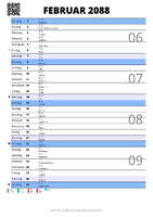 Kalender Februar 2088 im Hochformat mit Notizbereich