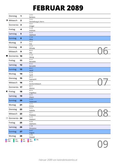Kalender Februar 2089 im Hochformat mit Notizbereich