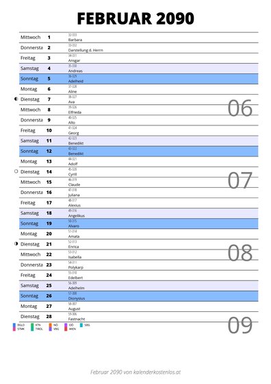 Kalender Februar 2090 im Hochformat mit Notizbereich