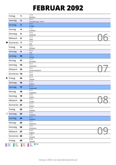 Kalender Februar 2092 im Hochformat mit Notizbereich