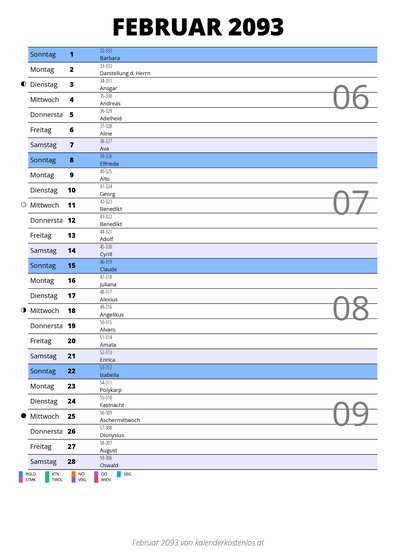 Kalender Februar 2093 im Hochformat mit Notizbereich