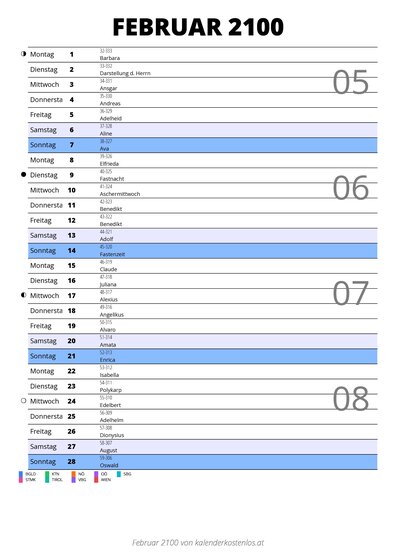 Kalender Februar 2100 im Hochformat mit Notizbereich