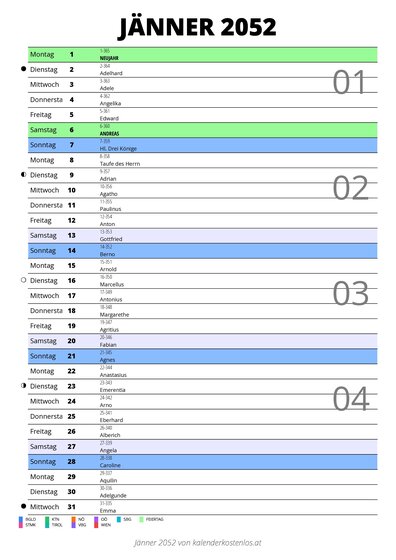 Kalender Jänner 2052 im Hochformat mit Notizbereich