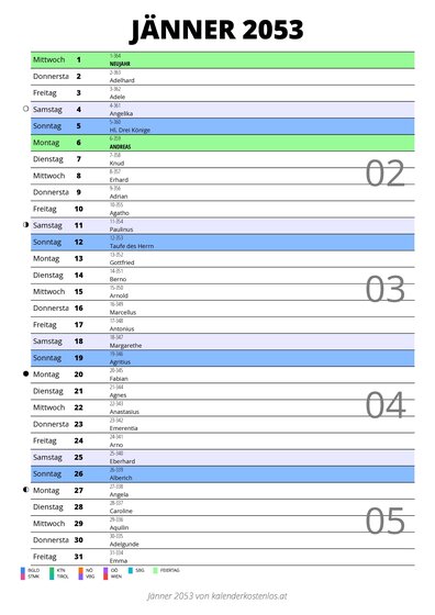 Kalender Jänner 2053 im Hochformat mit Notizbereich