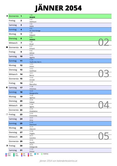 Kalender Jänner 2054 im Hochformat mit Notizbereich