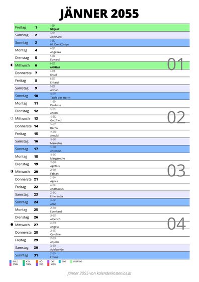 Kalender Jänner 2055 im Hochformat mit Notizbereich