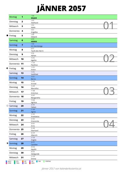 Kalender Jänner 2057 im Hochformat mit Notizbereich