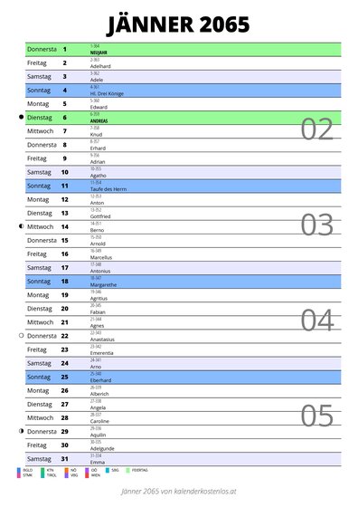 Kalender Jänner 2065 im Hochformat mit Notizbereich