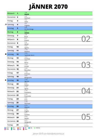 Kalender Jänner 2070 im Hochformat mit Notizbereich