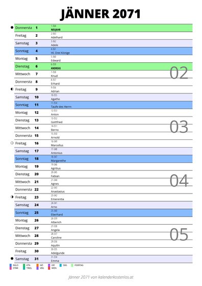 Kalender Jänner 2071 im Hochformat mit Notizbereich