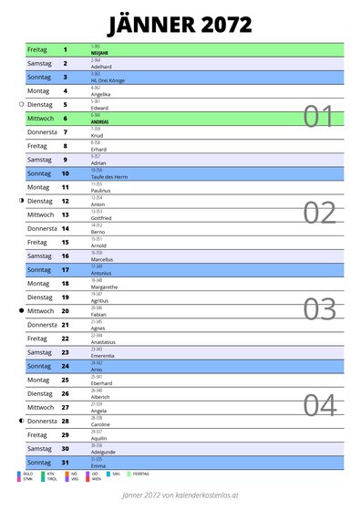Kalender Jänner 2072 im Hochformat mit Notizbereich