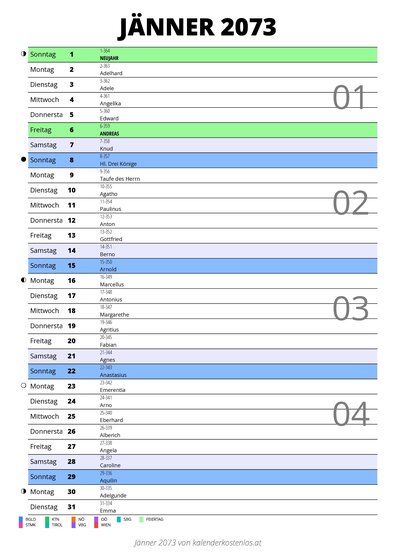 Kalender Jänner 2073 im Hochformat mit Notizbereich