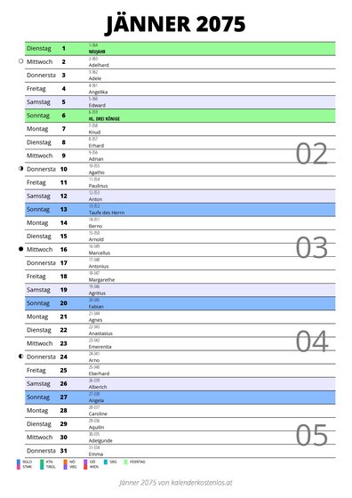 Kalender Jänner 2075 im Hochformat mit Notizbereich
