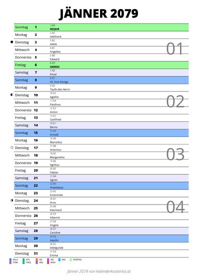 Kalender Jänner 2079 im Hochformat mit Notizbereich
