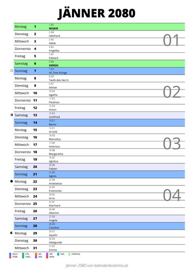 Kalender Jänner 2080 im Hochformat mit Notizbereich