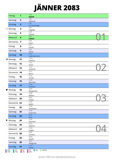 Kalender Jänner 2083 im Hochformat mit Notizbereich