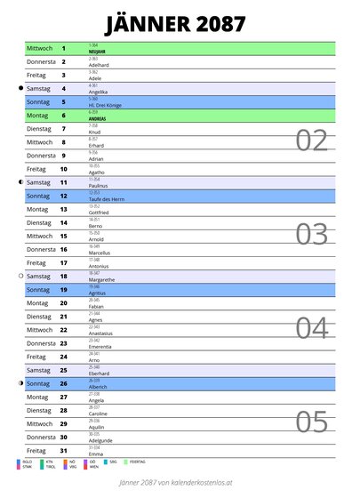Kalender Jänner 2087 im Hochformat mit Notizbereich