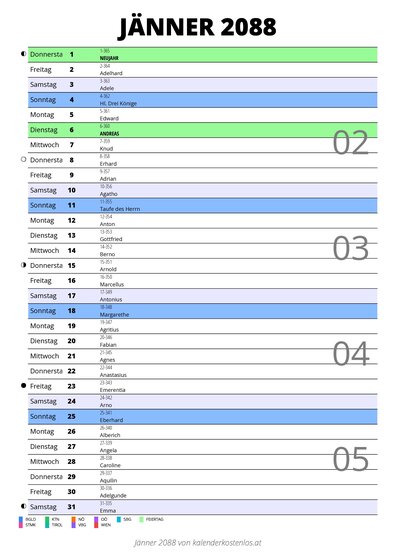 Kalender Jänner 2088 im Hochformat mit Notizbereich