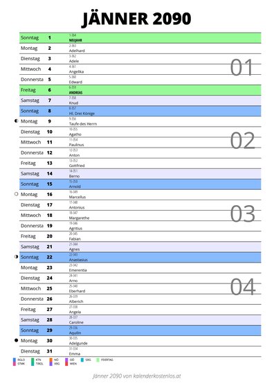 Kalender Jänner 2090 im Hochformat mit Notizbereich
