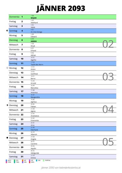 Kalender Jänner 2093 im Hochformat mit Notizbereich
