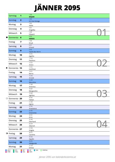 Kalender Jänner 2095 im Hochformat mit Notizbereich