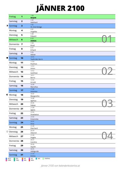 Kalender Jänner 2100 im Hochformat mit Notizbereich