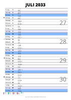 Kalender Juli 2033 im Hochformat mit Notizbereich