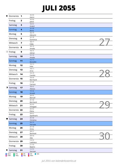 Kalender Juli 2055 im Hochformat mit Notizbereich