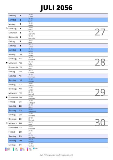 Kalender Juli 2056 im Hochformat mit Notizbereich