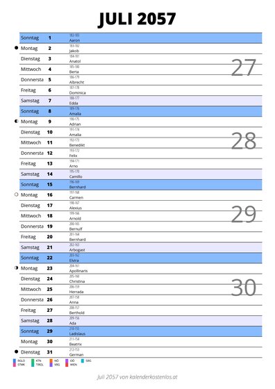 Kalender Juli 2057 im Hochformat mit Notizbereich