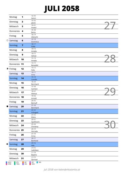 Kalender Juli 2058 im Hochformat mit Notizbereich