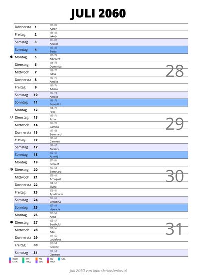 Kalender Juli 2060 im Hochformat mit Notizbereich