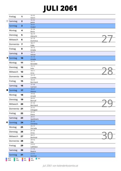 Kalender Juli 2061 im Hochformat mit Notizbereich