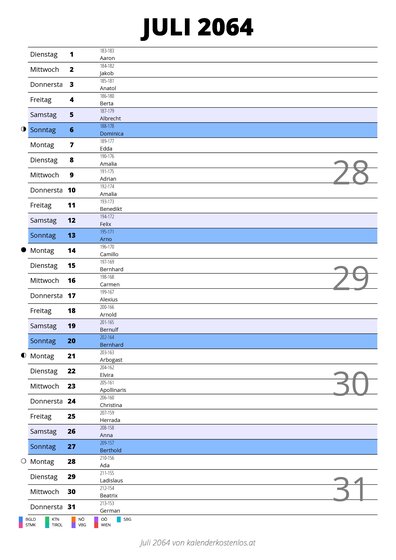 Kalender Juli 2064 im Hochformat mit Notizbereich