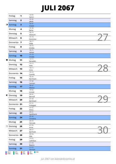 Kalender Juli 2067 im Hochformat mit Notizbereich