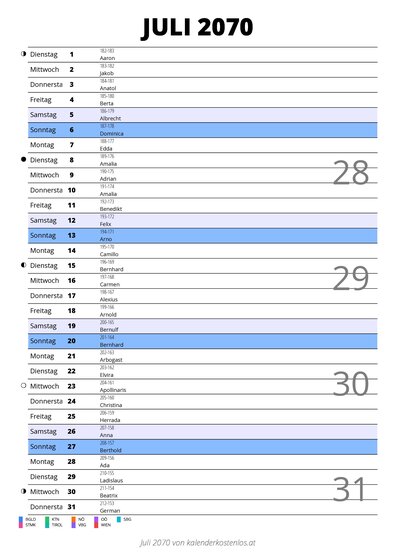 Kalender Juli 2070 im Hochformat mit Notizbereich