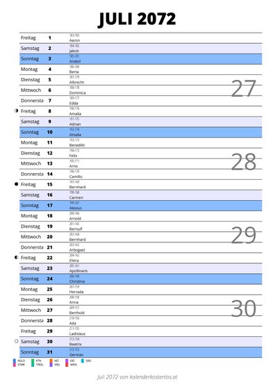Kalender Juli 2072 im Hochformat mit Notizbereich