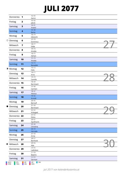 Kalender Juli 2077 im Hochformat mit Notizbereich