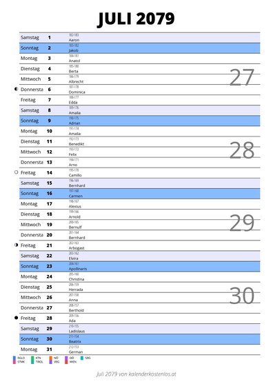 Kalender Juli 2079 im Hochformat mit Notizbereich