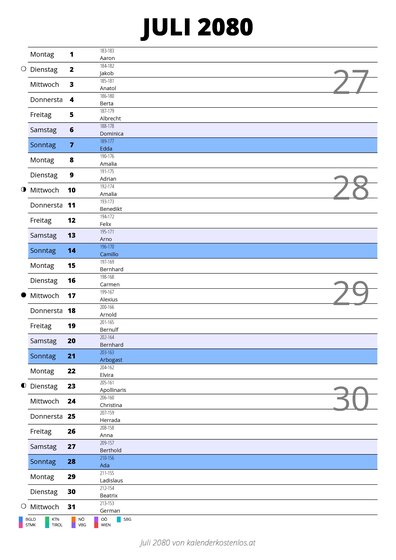 Kalender Juli 2080 im Hochformat mit Notizbereich