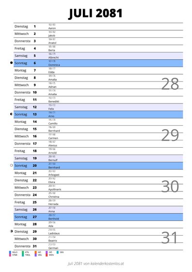 Kalender Juli 2081 im Hochformat mit Notizbereich